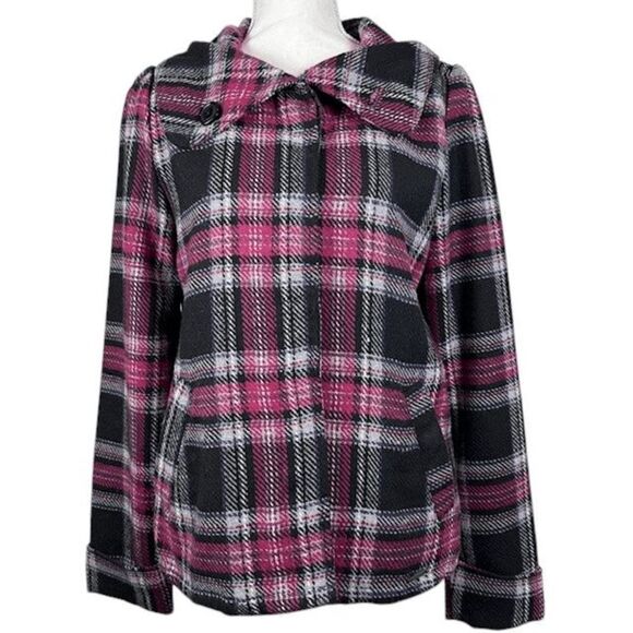 ROXY Wool Blend Pink Black Plaid Peacoat Hidden Button Collared Size Large - Picture 1 of 15